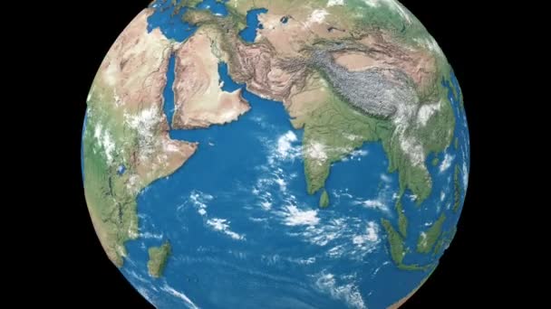 Реалистичная вращающаяся планета Земля изолирована на черном фоне. Вращающийся 3d земного шара бесшовный цикл анимации . — стоковое видео