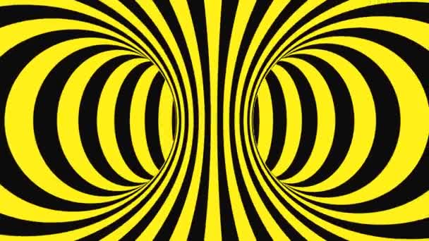 Zwarte en gele psychedelische optische illusie. Abstracte hypnotische geanimeerde achtergrond. Spiraal geometrische looping waarschuwing wallpaper — Stockvideo