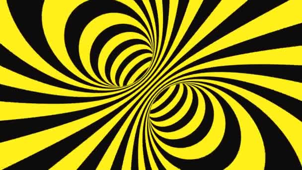 Zwarte en gele psychedelische optische illusie. Abstracte hypnotische geanimeerde achtergrond. Spiraal geometrische looping waarschuwing wallpaper — Stockvideo