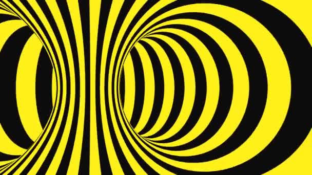 Illusion d'optique psychédélique noire et jaune. Résumé fond animé hypnotique. Spirale géométrique boucle d'avertissement fond d'écran 