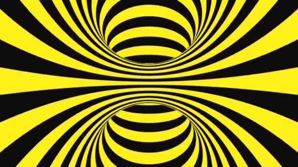 Μαύρη και κίτρινη ψυχεδελική οπτική ψευδαίσθηση. Αφηρημένο υπνωτικό κινούμενο φόντο. Σπειροειδής γεωμετρική προειδοποιητική ταπετσαρία βρόχου — Αρχείο Βίντεο