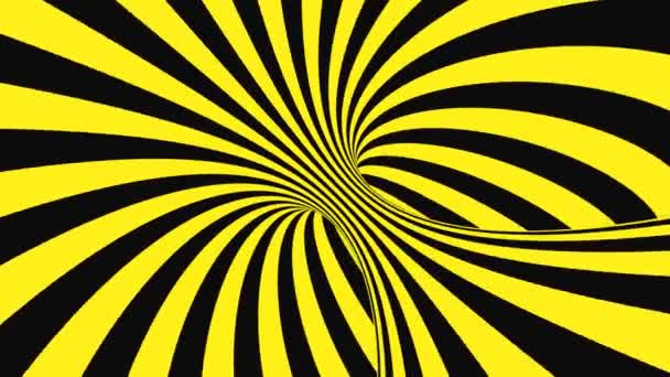Zwarte en gele psychedelische optische illusie. Abstracte hypnotische geanimeerde achtergrond. Spiraal geometrische looping waarschuwing wallpaper — Stockvideo