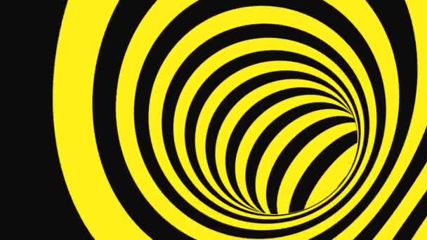 Fekete és sárga pszichedelikus optikai csalódás. Absztrakt hipnotikus háttér. Spirál geometriai hurkolás figyelmeztető háttérkép — Stock videók