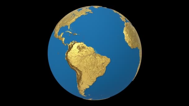 Gold rotating Earth planet isolated on black background. Spinning 3d earth globe seamless looping animation. — Stock Video