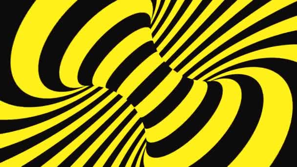 Ilusión óptica psicodélica negra y amarilla. Fondo animado hipnótico abstracto. Espiral geométrico bucle advertencia fondo de pantalla — Vídeo de stock