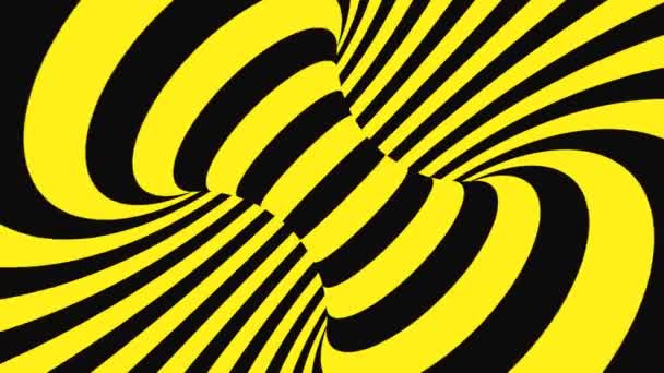 Illusion d'optique psychédélique noire et jaune. Résumé fond animé hypnotique. Spirale géométrique boucle d'avertissement fond d'écran 
