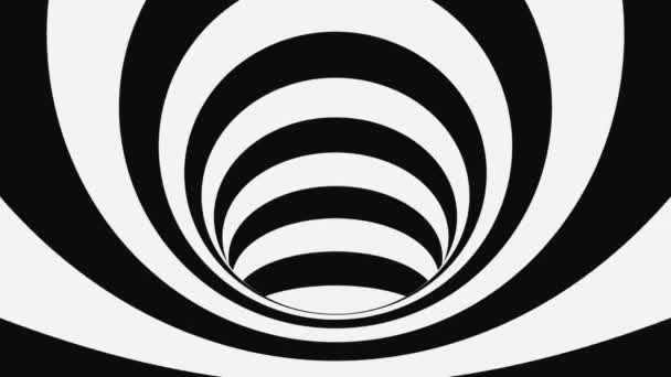 Zwart-wit psychedelische optische illusie. Abstracte hypnotische geanimeerde achtergrond. spiraalvormige geometrische looping monochroom behang — Stockvideo