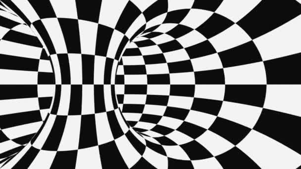 Schwarz-weiße psychedelische optische Täuschung. abstrakte hypnotische animierte Hintergrund. karierte geometrische Looping-Tapete — Stockvideo