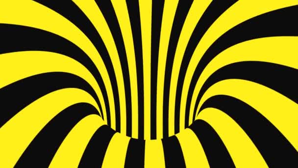 Schwarz-gelbe psychedelische optische Täuschung. abstrakte hypnotische animierte Hintergrund. Spirale geometrische Schleife Warnung Tapete — Stockvideo