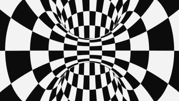 Schwarz-weiße psychedelische optische Täuschung. abstrakte hypnotische animierte Hintergrund. karierte geometrische Looping-Tapete — Stockvideo