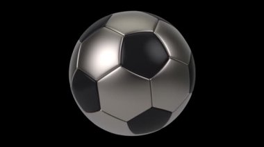Siyah arka planda izole edilmiş gerçekçi siyah ve demir futbol topu. 3d döngü canlandırması.