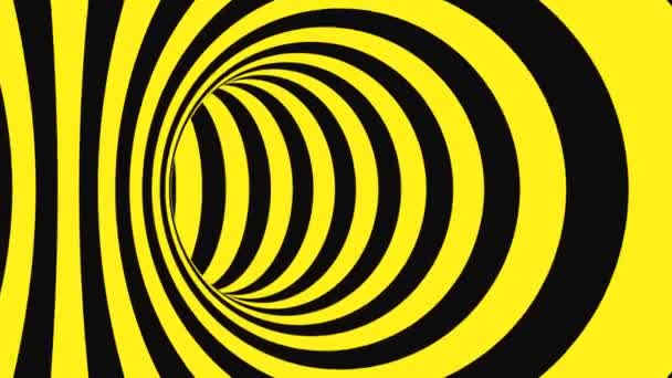 Illusion d'optique psychédélique noire et jaune. Résumé fond animé hypnotique. Spirale géométrique boucle d'avertissement fond d'écran 