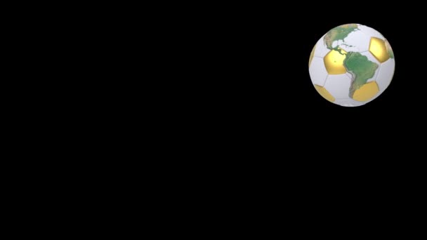 Bola de futebol realista isolada na tela preta. 3d animação looping sem costura. Mapa do mundo detalhado na bola de futebol branca e dourada . — Vídeo de Stock
