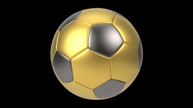 Siyah arka planda izole edilmiş gerçekçi altın ve demir futbol topu. 3d döngü canlandırması.