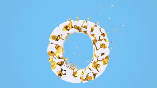 Broken white font isolated on blue background with golden fragments. Shattered bold capital letters. — Stock video