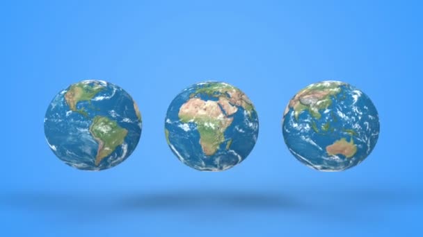 globe terrestre sautant sur fond bleu dans un style minimal. Saut planète Terre comme une balle 3D rendu animation .