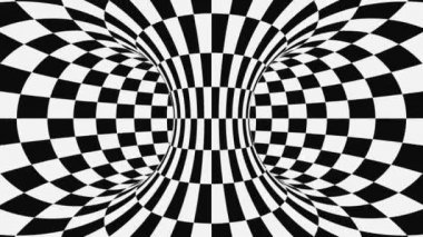 Siyah ve beyaz psychedelic optik yanılsama. Soyut hipnotik animasyonlu arka plan. Damalı geometrik döngü duvar kağıdı