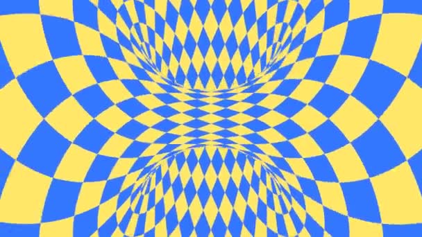 Μπλε και κίτρινη ψυχεδελική οπτική ψευδαίσθηση. Αφηρημένο υπνωτικό διαμάντι κινούμενο φόντο. Ταπετσαρία με ρόμβους σχήματα — Αρχείο Βίντεο
