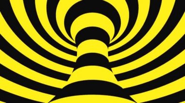 Siyah ve sarı psychedelic optik yanılsama. Soyut hipnotik animasyonlu arka plan. Spiral geometrik döngü uyarı duvar kağıdı
