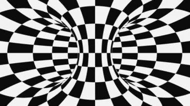 Siyah ve beyaz psychedelic optik yanılsama. Soyut hipnotik animasyonlu arka plan. Damalı geometrik döngü duvar kağıdı