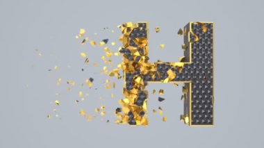 Destroyed black font isolated on gray background with golden fragments. Shattered bold capital letters with hexagonal pattern.