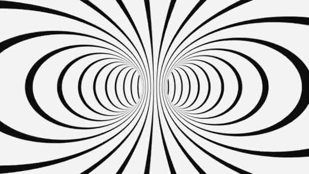 Zwart-wit psychedelische optische illusie. Abstracte hypnotische geanimeerde achtergrond. spiraalvormige geometrische looping monochroom behang — Stockvideo