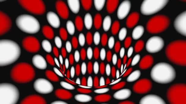 Ilusión óptica psicodélica negra, roja y blanca. Fondo animado hipnótico abstracto. Fondo de pantalla de lunares geométrico bucle — Vídeo de stock