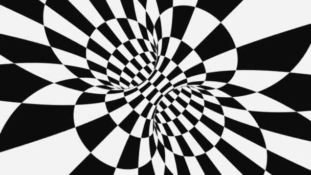 Schwarz-weiße psychedelische optische Täuschung. abstrakte hypnotische animierte Hintergrund. karierte geometrische Looping-Tapete — Stockvideo