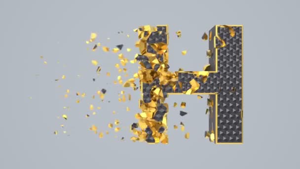 Destroyed black font isolated on gray background with golden fragments. Shattered bold capital letters with hexagonal pattern. — Stok video