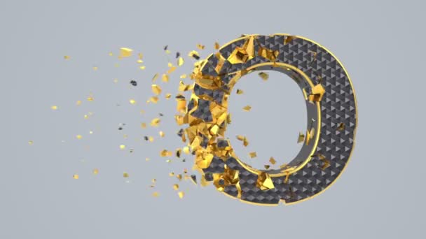 Fonte noire détruite isolée sur fond gris avec des fragments dorés. Lettres majuscules audacieuses brisées avec motif hexagonal .