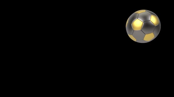 Realista pelota de fútbol de oro y hierro aislado sobre fondo negro. animación en bucle 3d . — Vídeo de stock