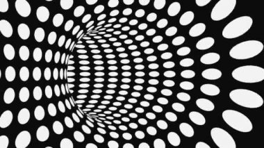 Siyah ve beyaz psychedelic optik yanılsama. Soyut hipnotik animasyonlu arka plan. Polka nokta geometrik monokrom duvar kağıdı