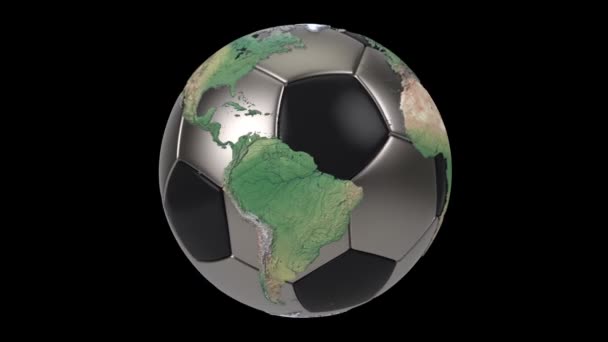 Realistic soccer ball isolated on black screen. 3d seamless looping animation. Detailed world map on black and iron soccer ball.