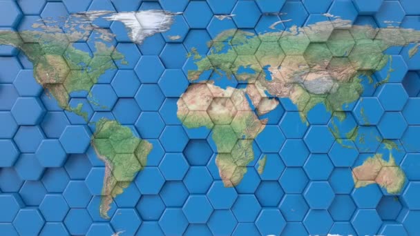 Mundo mapa terra em loop hexagonal fundo azul. 3d renderizar animação perfeita. Atlas geográficos, gráficos em movimento . — Vídeo de Stock