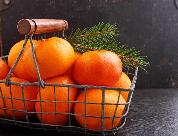 Tangerines in a metal basket with a branch of a Christmas tree — Stock Photo, Image