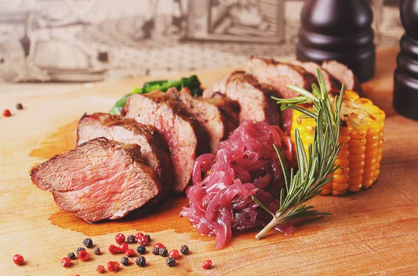 Beef Steak Wooden Board Rosemary Onion Pepper Corn — Stock Photo, Image