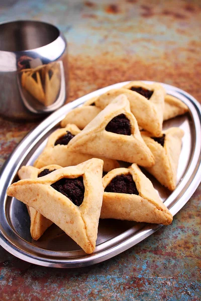 Galletas Hamantaschen Con Semillas Amapola Pasas Plato Cocinadas Para Festival — Foto de Stock