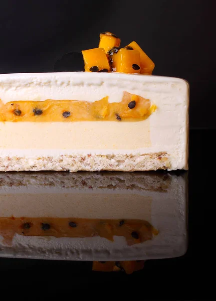 White Mousse Cake Decorated Molecular Sponge Cake Black Background Cut — Stock Photo, Image