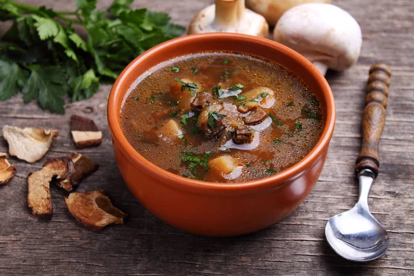 Forest Mushroom Soup Herbs Clay Bowl Dark Background — Stock Photo, Image