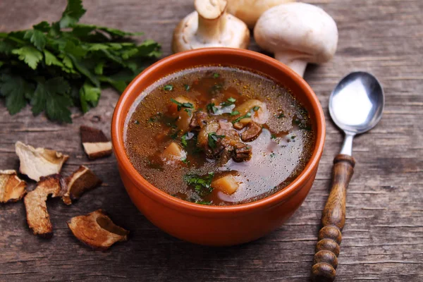 Forest Mushroom Soup Herbs Clay Bowl Dark Background — Stock Photo, Image