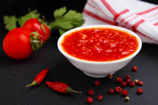 Spicy Tomato Pepper Vegetable Sauce Black Background — Stock Photo, Image
