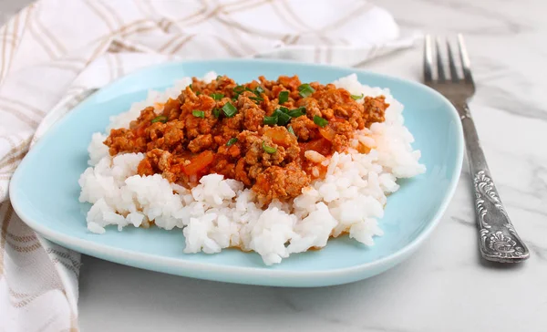 Boiled Rice Bolognese Sauce Marble Background — Stock Photo, Image