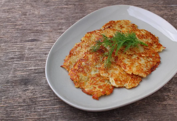 Potato Pancakes Plate Decorated Dill Rustic Background — Stock Photo, Image