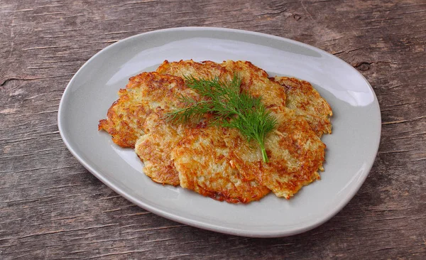 Potato Pancakes Plate Decorated Dill Rustic Background — Stock Photo, Image