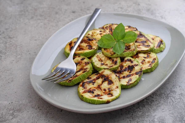 Zucchini Cut Slices Grilled Fried Decorated Basil — Stock Photo, Image