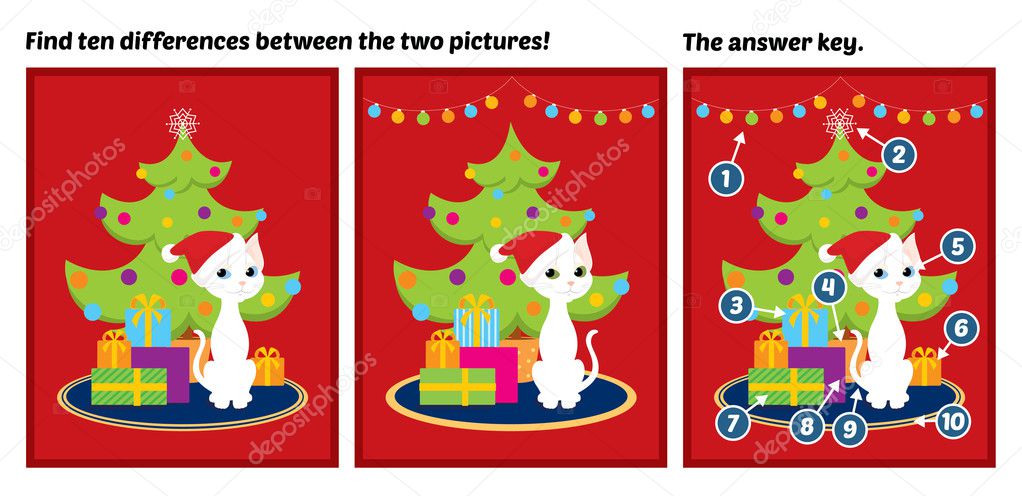 Christmas tree white cat, spot the difference game