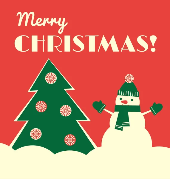 Pompones de árbol de navidad retro tarjeta muñeco de nieve — Archivo Imágenes Vectoriales