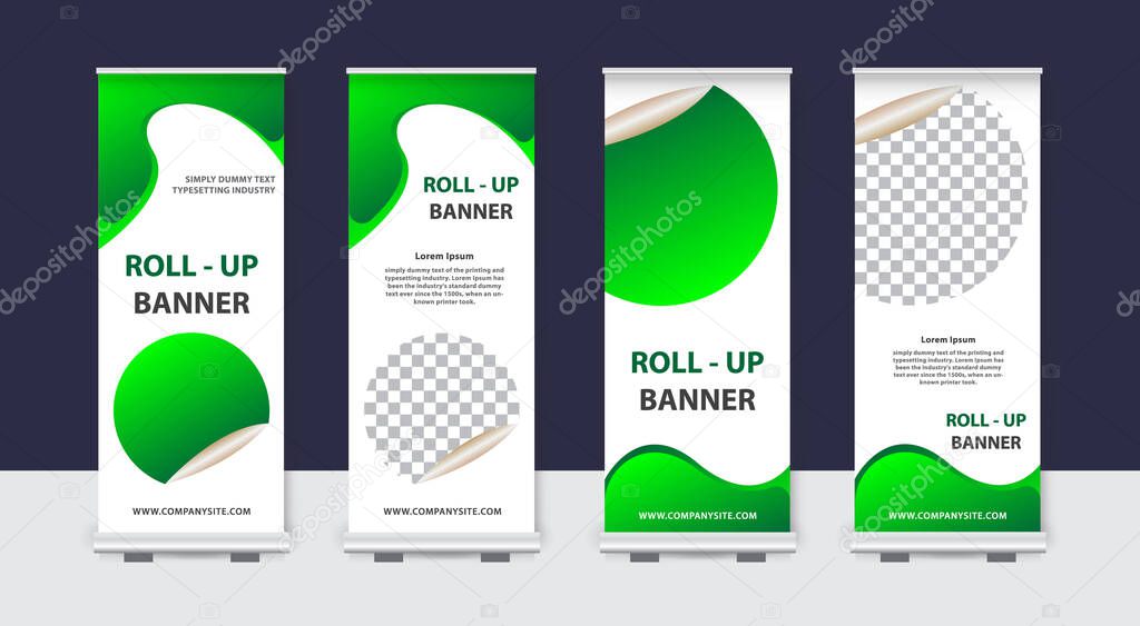 Modern roll up banner with stand presentation concept. Vector illustration template