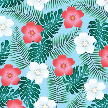 Tropikal desen ile palmiye yaprakları ve çiçekleri - vektör eps10 