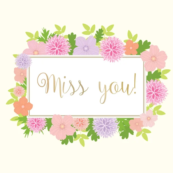 Miss You Card con flores de colores - vector eps10 — Archivo Imágenes Vectoriales